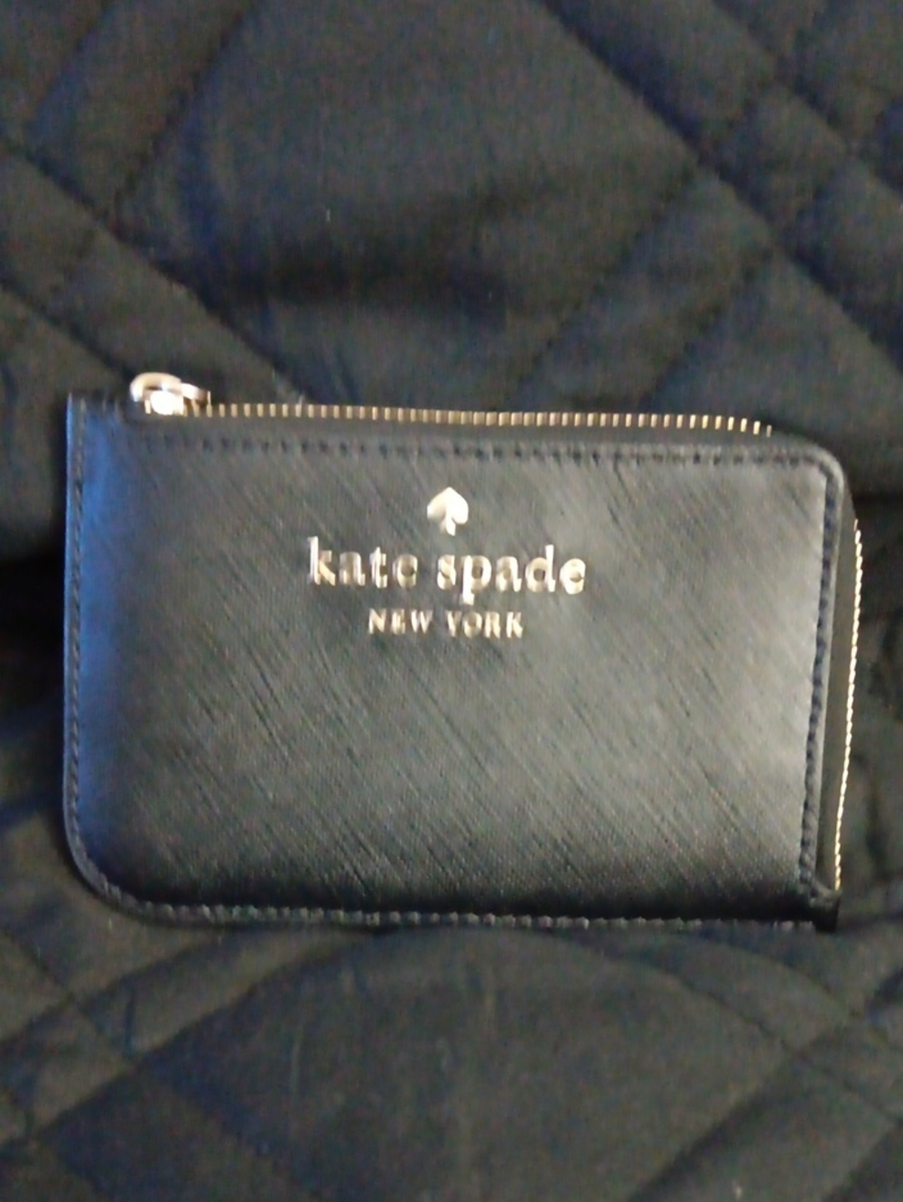 kate spade black leather zip card case with gold logo